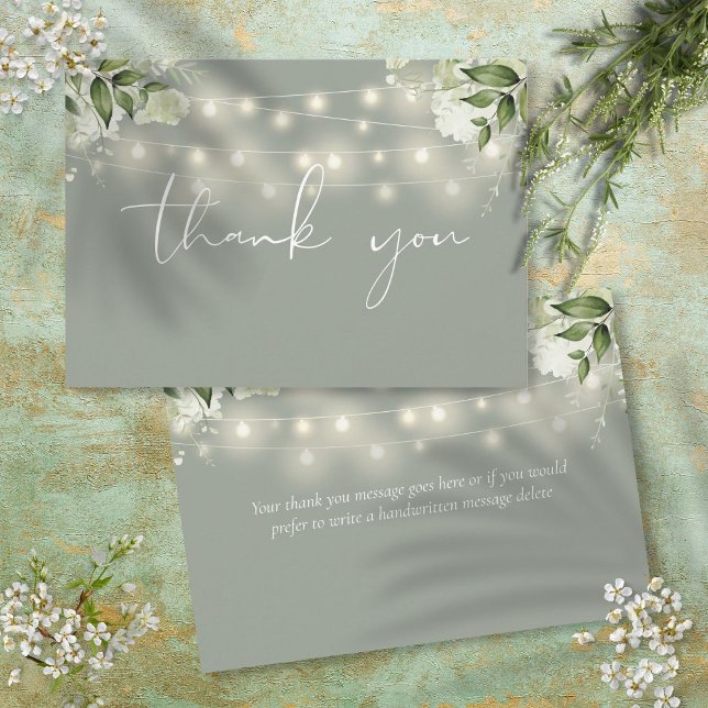 Tarjeta De Agradecimiento Luces de cadena de vegetación verde sage (Sage Green Floral Greenery String Lights Thank You Card)