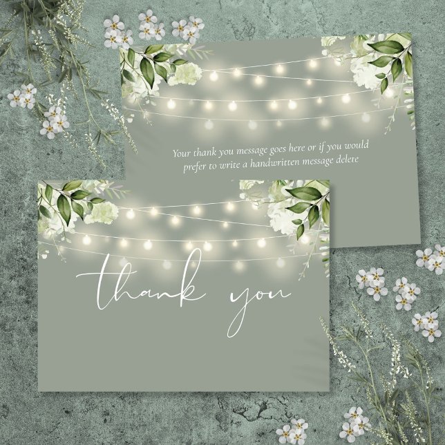 Tarjeta De Agradecimiento Luces de cadena de vegetación verde sage (Sage Green Floral Greenery String Lights Thank You Card)