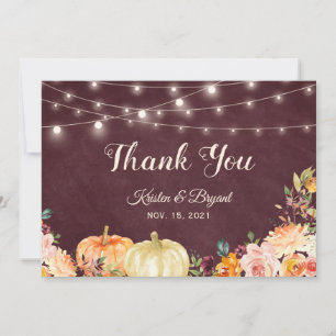 Tarjeta De Agradecimiento Luces de Cadena Floral Burgundy de Calabaza de Oto