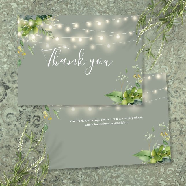 Tarjeta De Agradecimiento Luces de Cadena Floral Verde Salvia (Sage Greenery Floral String Lights Thank You Card)