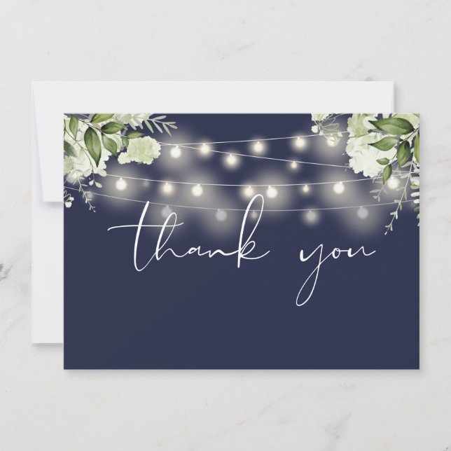 Tarjeta De Agradecimiento Luces de cadena Navy Blue Floral Greenery (Anverso)