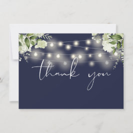 Tarjeta De Agradecimiento Luces de cadena Navy Blue Floral Greenery