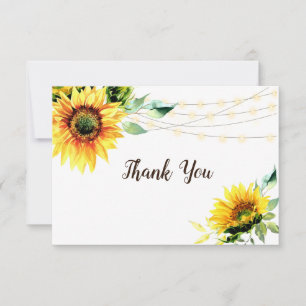 Tarjeta De Agradecimiento Luces de Cadenas de Verdor de Girasoles Boda Rústi