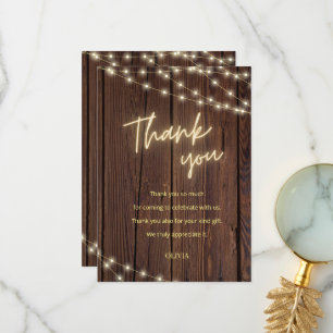 Tarjeta De Agradecimiento Luces de cuerda boho de madera rústica para desped