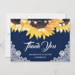 Tarjeta De Agradecimiento Luces de Cuerda de Arpillera de Girasol Azul Marin