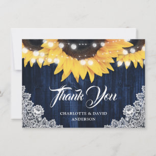 Tarjeta De Agradecimiento Luces de Cuerda de Madera de Girasol Azul Marino p