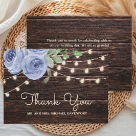 Tarjeta De Agradecimiento Luces de Cuerda de Madera Rústica Boda Floral Azul