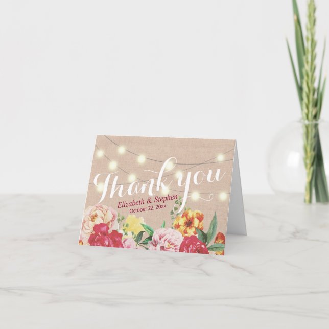 Tarjeta De Agradecimiento Luces de Cuerda Elegantes para Boda Floral de Lino (Anverso)