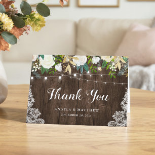 Tarjeta De Agradecimiento Luces de Cuerda Florales Blancas de Madera Rústica