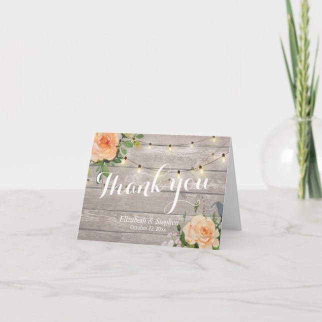 Tarjeta De Agradecimiento Luces de Cuerda Florales de Madera Rústica Agradec (Anverso)