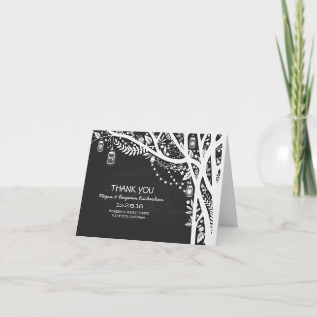 Tarjeta De Agradecimiento Luces de cuerda frascos de albañil árbol boda agra (Anverso)