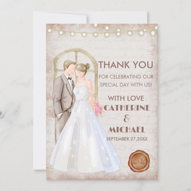 Tarjeta De Agradecimiento Luces de Cuerda Románticas Acuarela Rústicas Vinta (Anverso)