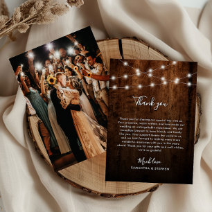 Tarjeta De Agradecimiento Luces de Cuerda Rústicas, Foto y Boda de Madera