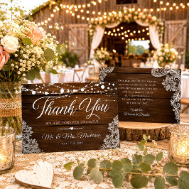 Tarjeta De Agradecimiento Luces de Cuerda y Encaje Boda Rústica de Madera