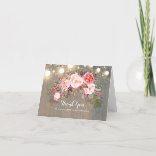 Tarjeta De Agradecimiento Luces de Cuerda y Flores Rosadas Gracias Rústico