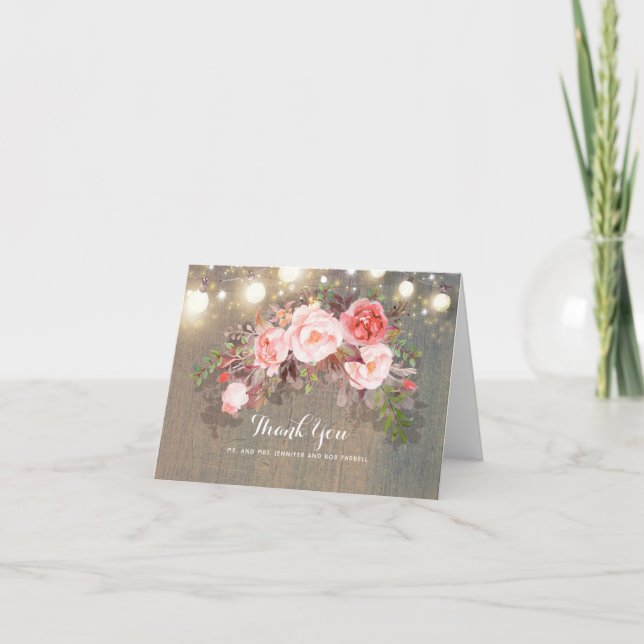 Tarjeta De Agradecimiento Luces de Cuerda y Flores Rosadas Gracias Rústico (Anverso)