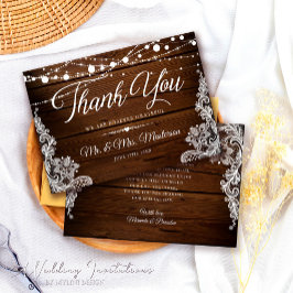Tarjeta De Agradecimiento Luces de cuerdas y Boda de madera rústica de encaj