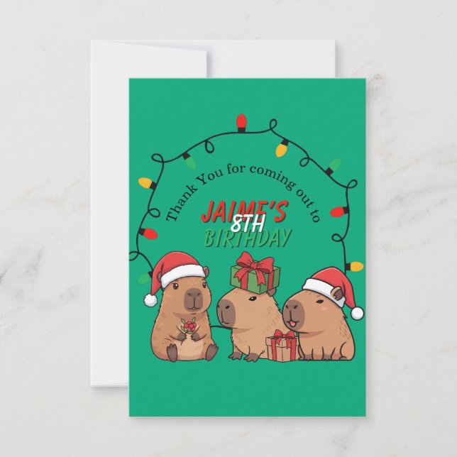 Tarjeta De Agradecimiento Luces de Navidad para Cumpleaños de Carpincho  (Anverso)