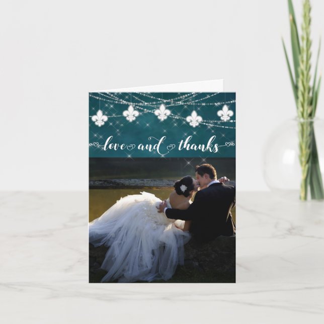 Tarjeta De Agradecimiento Luces Verde azuladas de Fleur de Lis | Foto de Hea (Anverso)