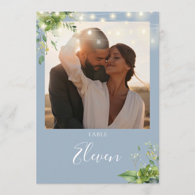 Tarjeta De Agradecimiento Luces verdes Foto Dusty Blue Table Number (Anverso)