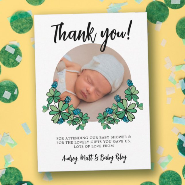 Tarjeta De Agradecimiento Lucky Blue Clovers Photo Boy Baby Shower (Subido por el creador)