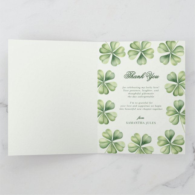 Tarjeta De Agradecimiento Lucky in Love Bridal Shower Green Shamrock  (Interior)