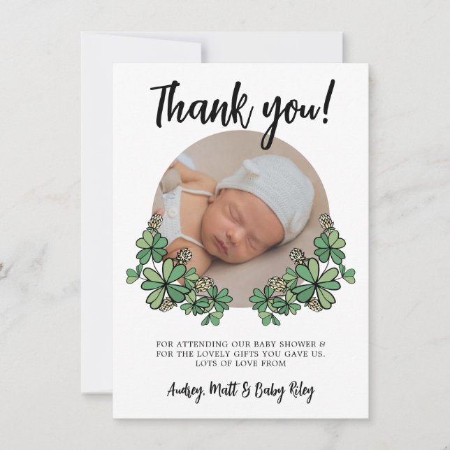 Tarjeta De Agradecimiento Lucky White Clovers Photo Baby Shower (Anverso)