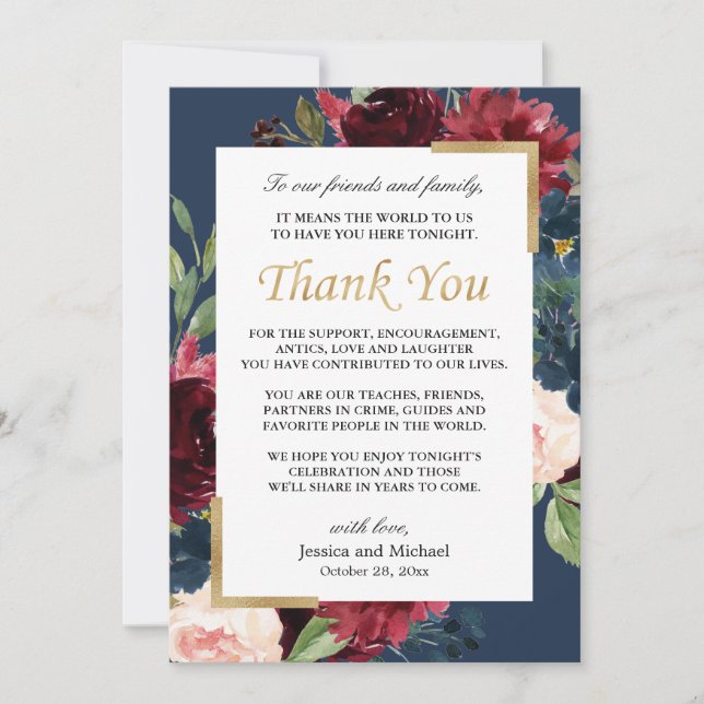 Tarjeta De Agradecimiento Lugar Boda azul de la Marina Floral de Borgoña (Anverso)