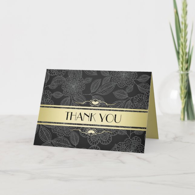 Tarjeta De Agradecimiento Lujo Floral Negro/Damasco Dorado Gracias (Anverso)