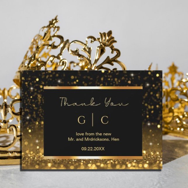 Tarjeta De Agradecimiento Lujo Moderno Dorado Negro con Destellos (#zazzlemade #thankyoucard #thankyoucardgold #gold and black #christmas #holiday,)