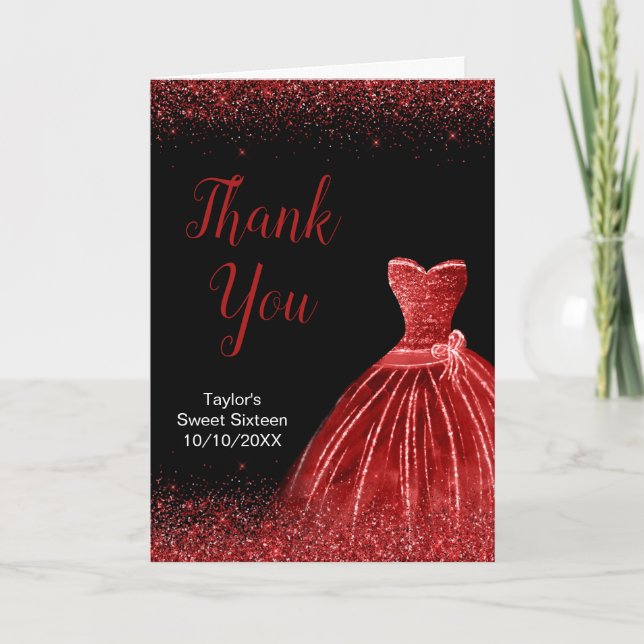 Tarjeta De Agradecimiento Luminoso vestido rojo Faux Purpurina Sweet 16 cump (Anverso)