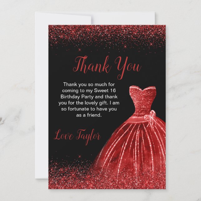 Tarjeta De Agradecimiento Luminoso vestido rojo Faux Purpurina Sweet 16 cump (Anverso)