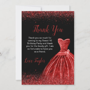 Tarjeta De Agradecimiento Luminoso vestido rojo Faux Purpurina Sweet 16 cump
