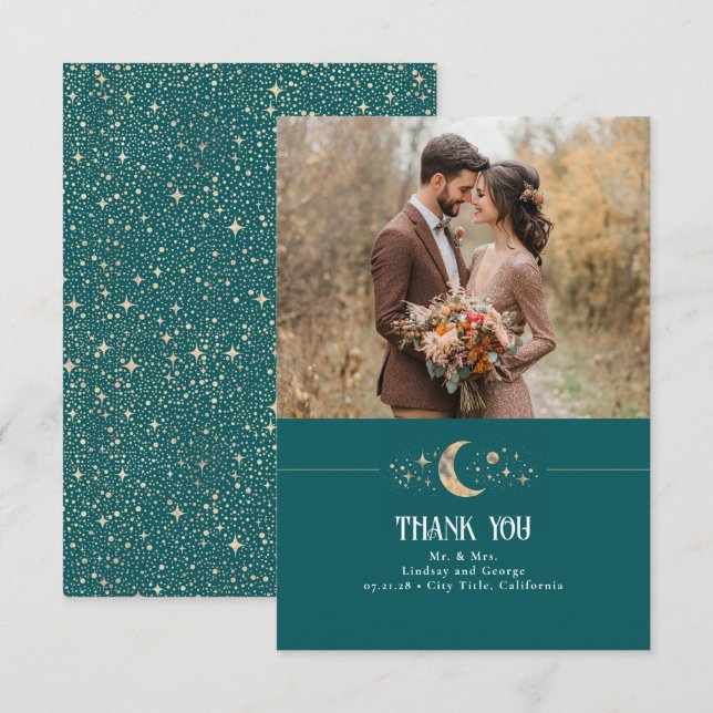 Tarjeta De Agradecimiento Luna Celestial y Estrellas Verde azuladas gracias  (Anverso / Reverso)