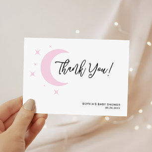 Tarjeta De Agradecimiento Luna rosa minimalista y estrellas ducha de bebé