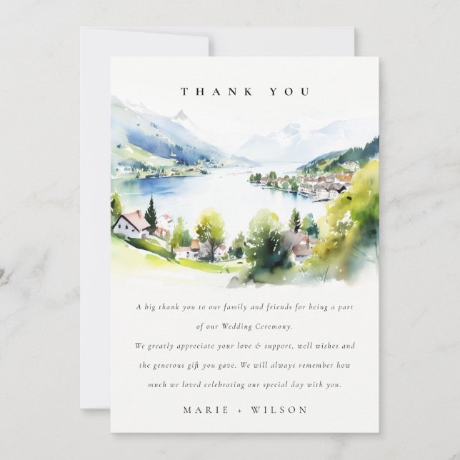 Tarjeta De Agradecimiento Lungern Switzerland Watercolor Landscape Wedding (Anverso)
