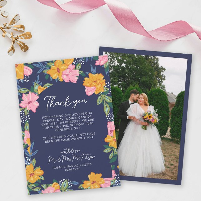 Tarjeta De Agradecimiento Lush Pink Yellow Flowers Dark Blue Wedding Photo (Subido por el creador)