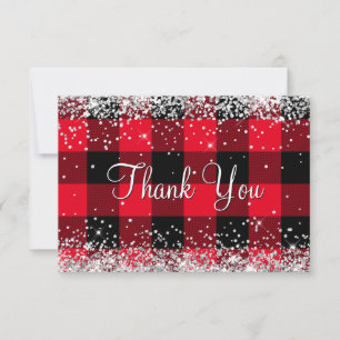 Tarjeta De Agradecimiento Lustroso Glitter Plateado Rojo Cuadro Búfalo