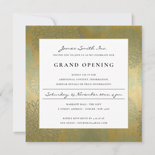 TARJETA DE AGRADECIMIENTO LUX BLUE GOLD DAHLIA FLORAL GRAND OPENING INVITE (Anverso)