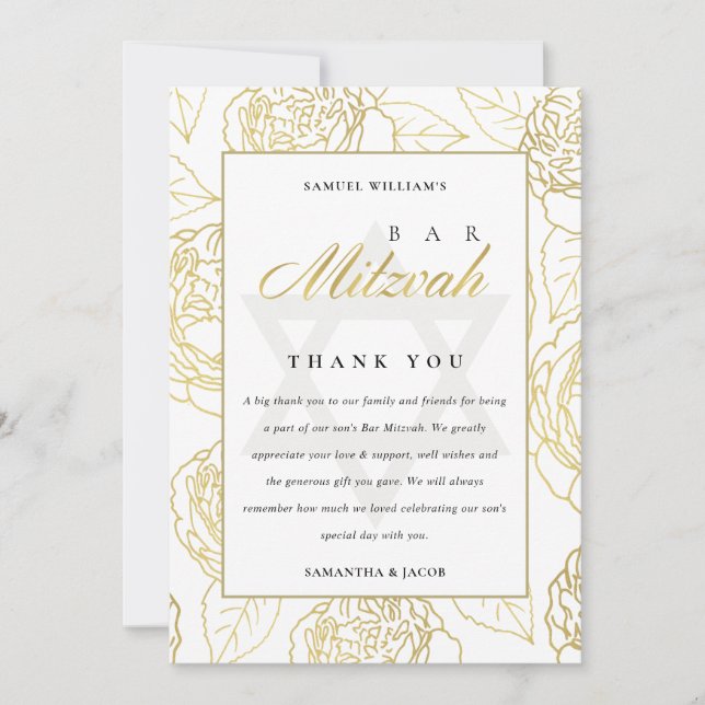 TARJETA DE AGRADECIMIENTO LUX ELEGANTE NAVY ORO ROSA FLORAL BAR MITZVAH (Anverso)