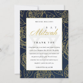 TARJETA DE AGRADECIMIENTO LUX ELEGANTE NAVY ORO ROSA FLORAL BAR MITZVAH