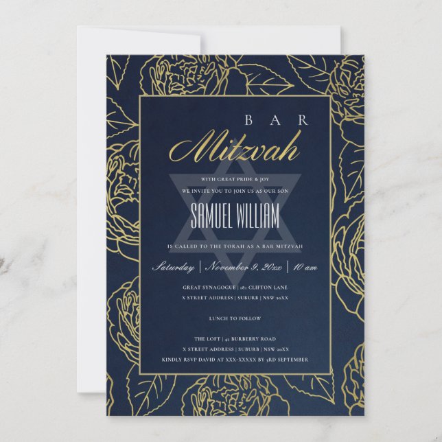 TARJETA DE AGRADECIMIENTO LUXE NAVY GOLD ROSA FLORAL BAR MITZVAH INVITE (Anverso)