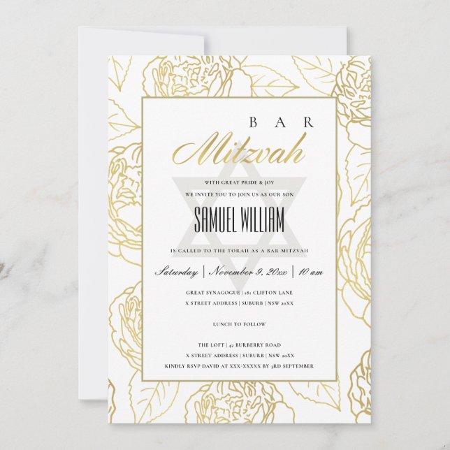 TARJETA DE AGRADECIMIENTO LUXE NAVY GOLD ROSA FLORAL BAR MITZVAH INVITE (Anverso)