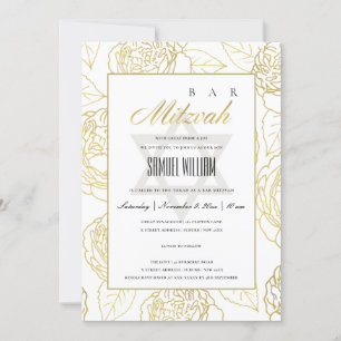 TARJETA DE AGRADECIMIENTO LUXE NAVY GOLD ROSA FLORAL BAR MITZVAH INVITE