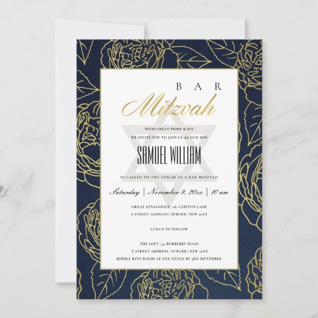 TARJETA DE AGRADECIMIENTO LUXE NAVY GOLD ROSA FLORAL BAR MITZVAH INVITE (Anverso)