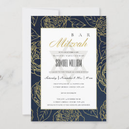 TARJETA DE AGRADECIMIENTO LUXE NAVY GOLD ROSA FLORAL BAR MITZVAH INVITE