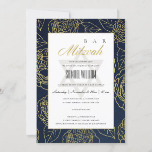 TARJETA DE AGRADECIMIENTO LUXE NAVY GOLD ROSA FLORAL BAR MITZVAH INVITE