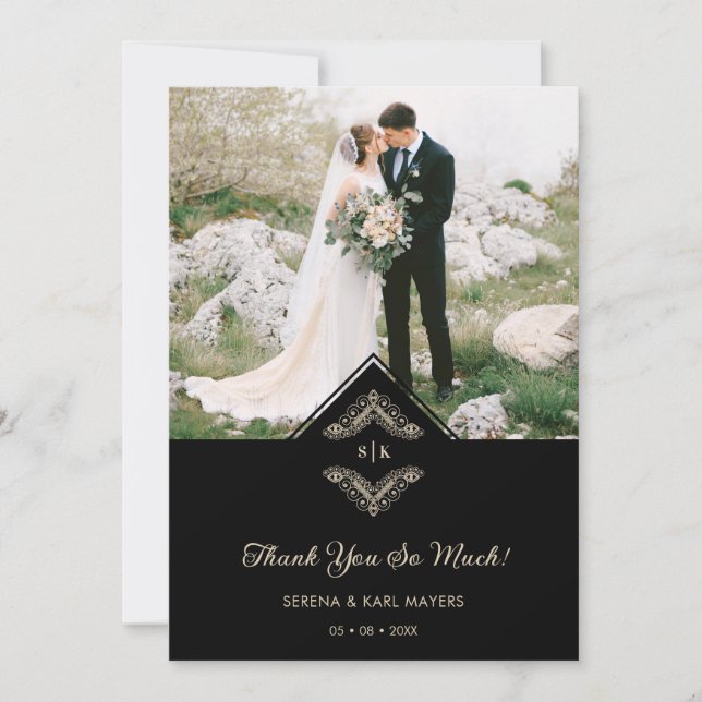 Tarjeta De Agradecimiento Luxurious Gold Ornamental Flourish Photo in Black (Anverso)
