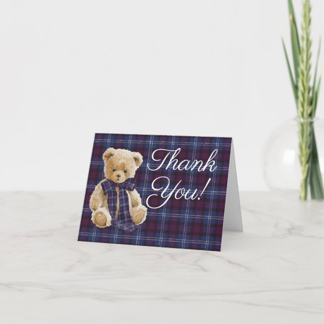 Tarjeta De Agradecimiento Luxury Bear Plaid Bow Baby Shower  (Anverso)