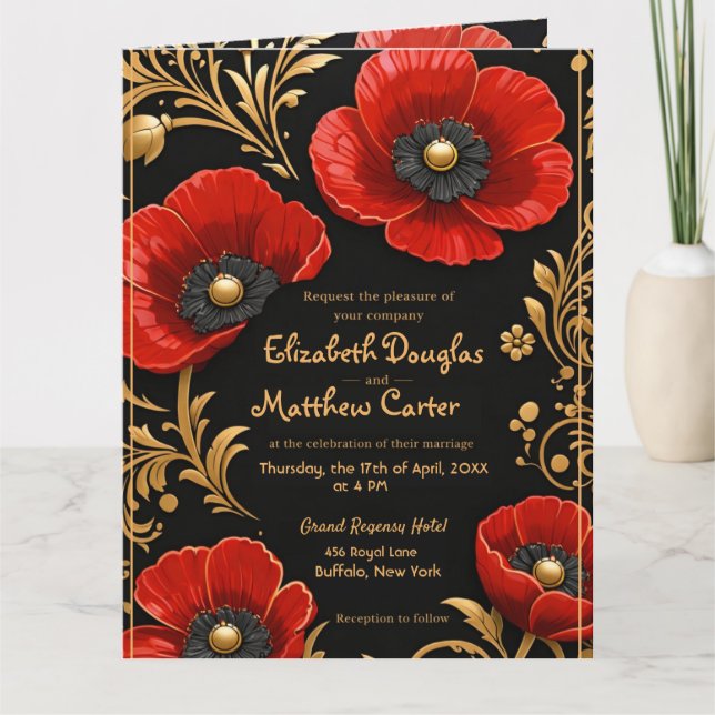 Tarjeta De Agradecimiento Luxury Black Red and Gold Floral Wedding  (Anverso)